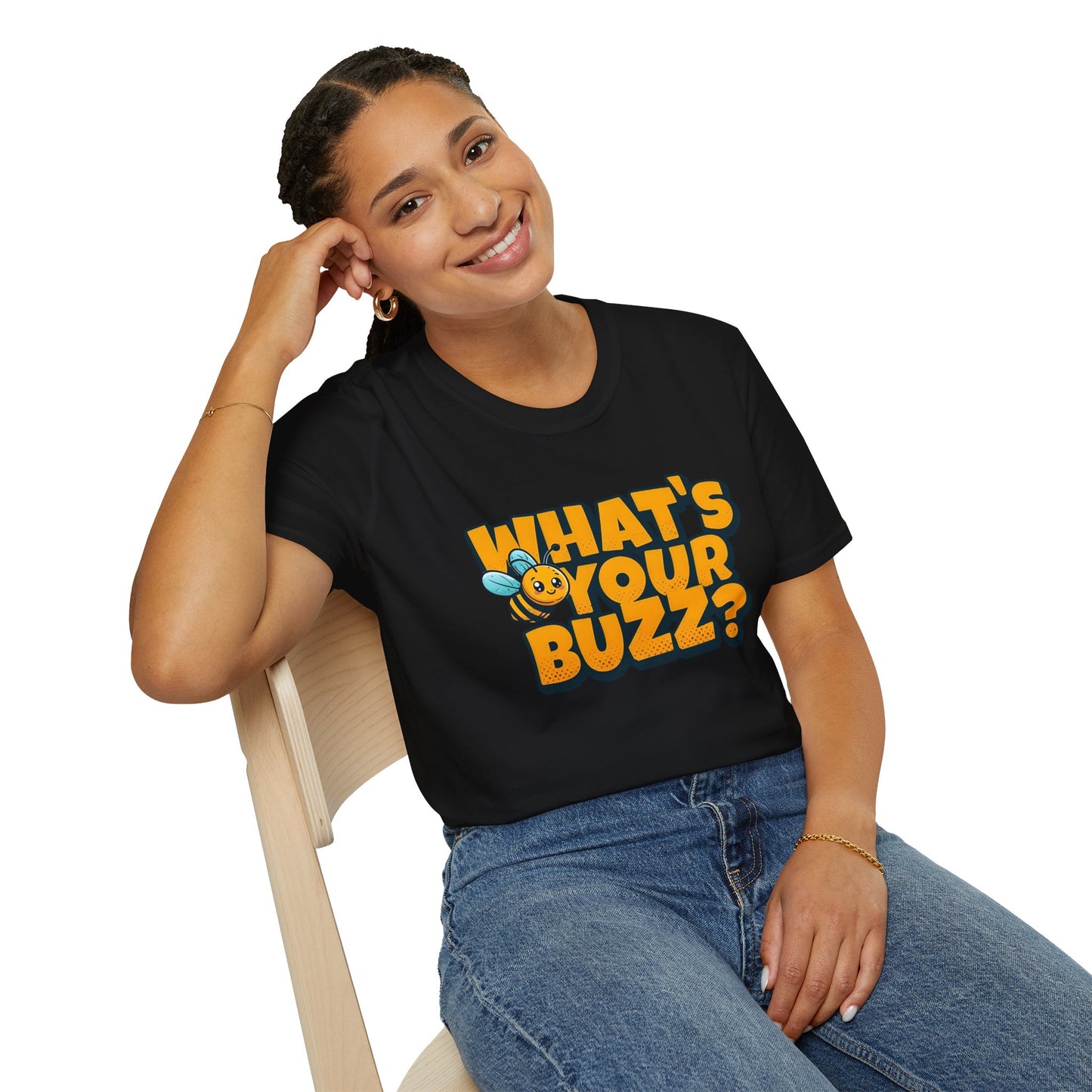 Fun Buzzing Bee T-Shirt - What's Your Buzz? Unisex Softstyle Tee